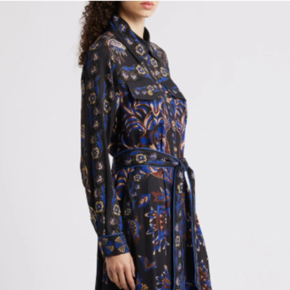 FARM Rio Black Floral-Motif Midi Dress with Blue and Brown Accents